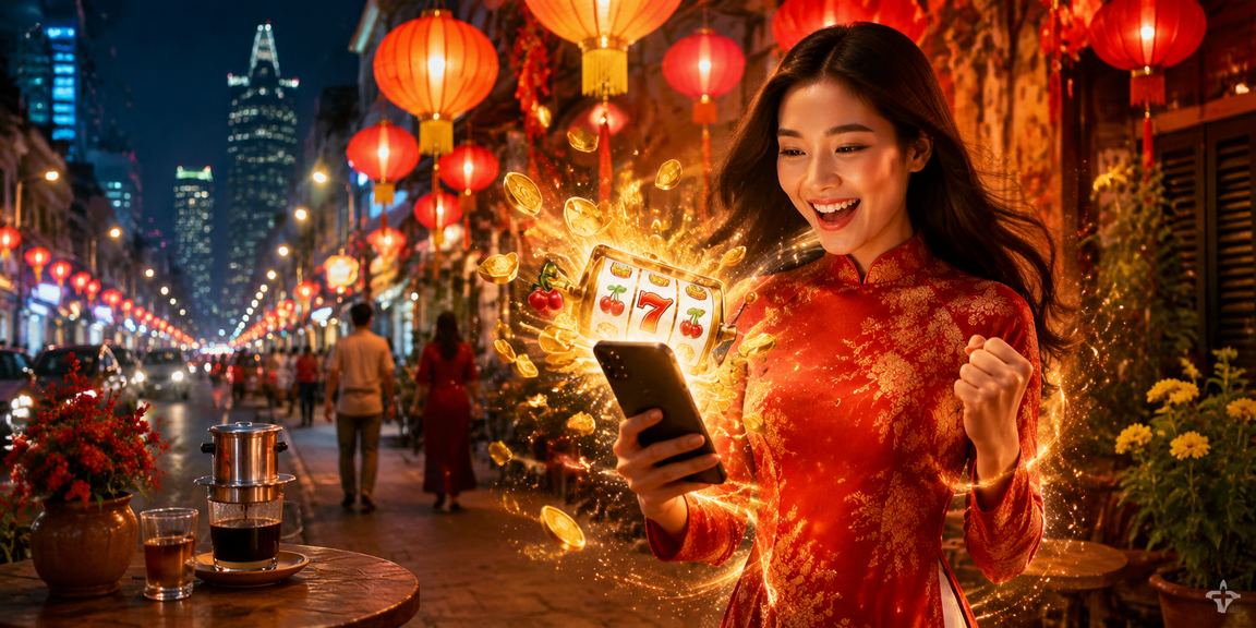 Không gian casino trực tuyến Việt Nam với ánh đèn neon rực rỡ về đêm